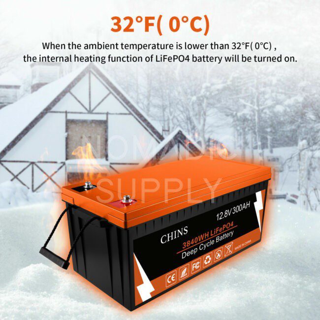 CHINS 300AH Smart 12.8V LiFePO4 Lithium Battery w/ Built-in 100A BMS