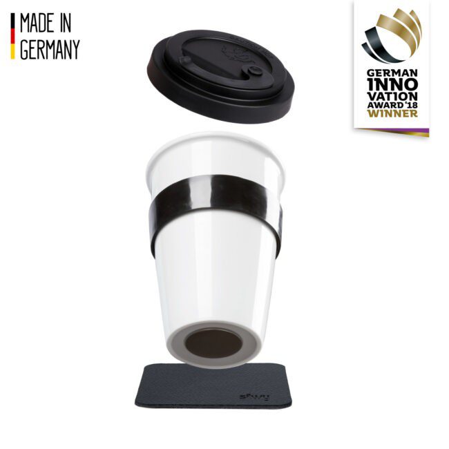 silwy Magnetic 12oz Porcelain To-Go Cup w: Metal Nano-Gel Coasters (Set of 2) (Black)