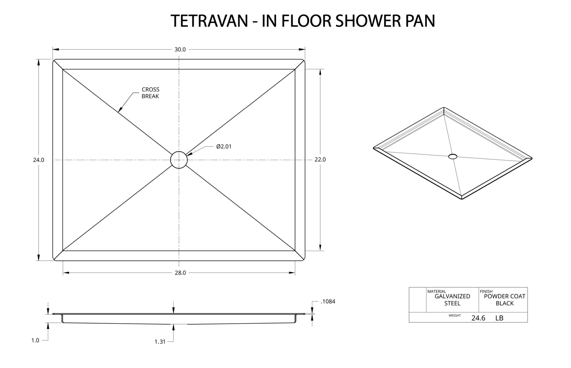 Tetravan Universal In-Floor Recessed Camper Van Shower Pan Dimensions