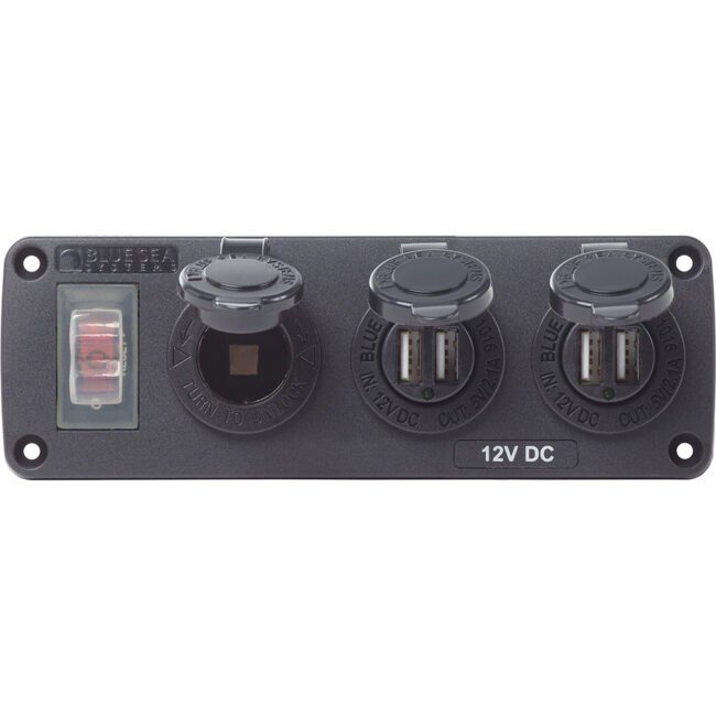 Blue Sea 4365 Water-Resistant 12v 15a Circuit Accessory Panel 12v Socket And Dual Usb X 2