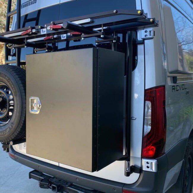 Aluminess Rear Door Tire Carrier & Storage Box Rack for 2019+ Mercedes Sprinter Vans