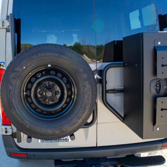 Aluminess Rear Door Tire Carrier & Storage Box Rack for 2019+ Mercedes Sprinter Vans (Driver Side)