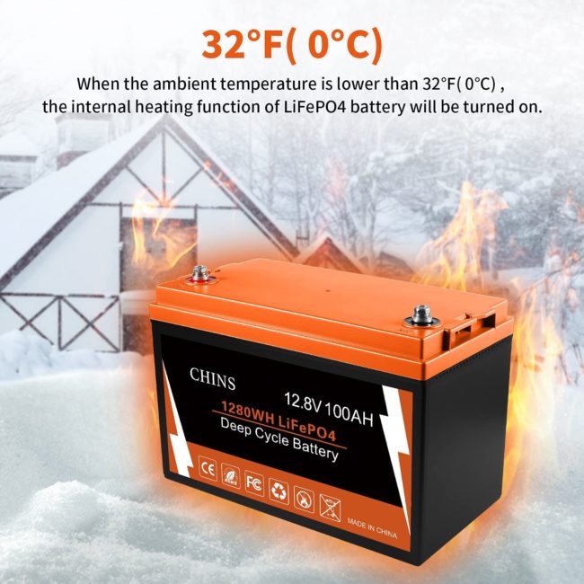 CHINS 100AH Smart 12.8V LiFePO4 Lithium Battery w/ Built-in 100A BMS