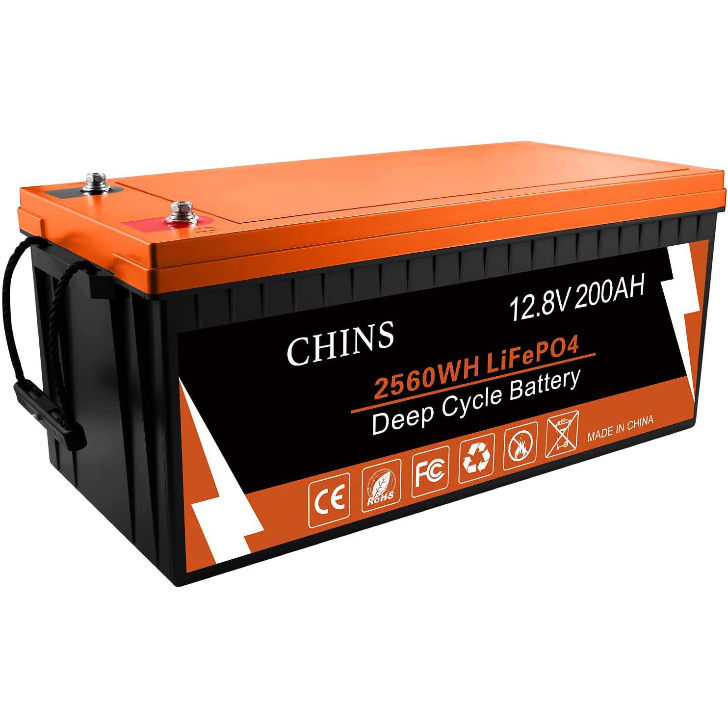 CHINS 200AH Smart 12.8V LiFePO4 Lithium Bluetooth Self-Heating Battery w/  Built-in 100A BMS