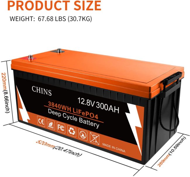 CHINS 300AH Smart 12.8V LiFePO4 Lithium Battery w/ Built-in 200A BMS